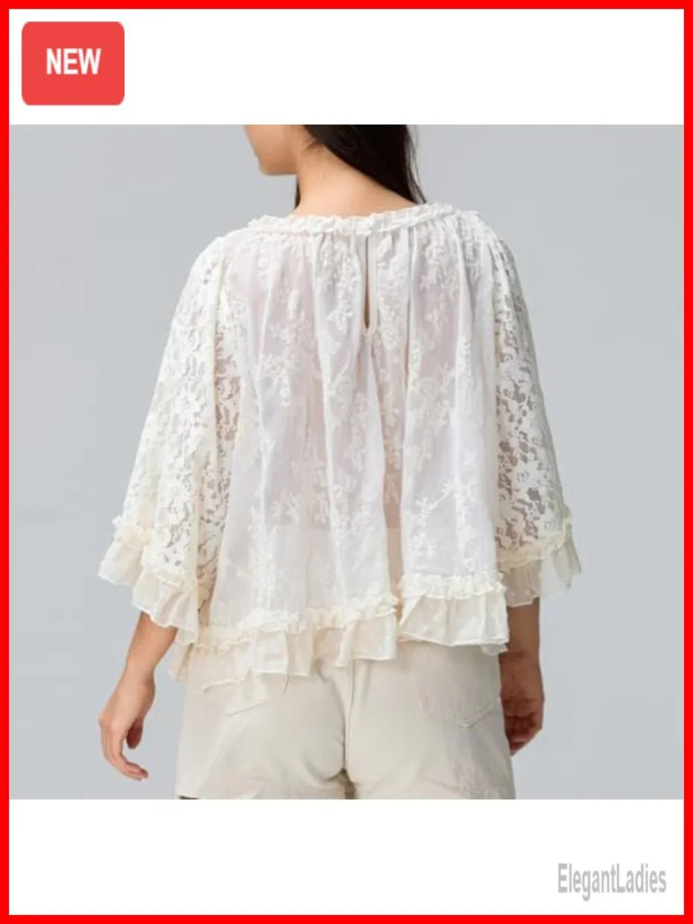Boho Lace Sheer Mesh Long Sleeve Ruffle Flowy Top Blouse